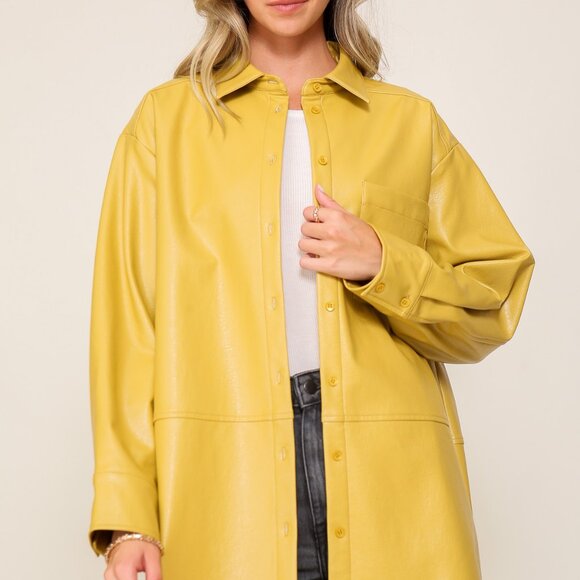 LUMIERE Mustard Faux Leather Shacket, Oversized Button Down Jacket Top - Picture 2 of 7